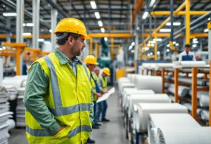 Workers following safety protocols in a paper manufacturing facility