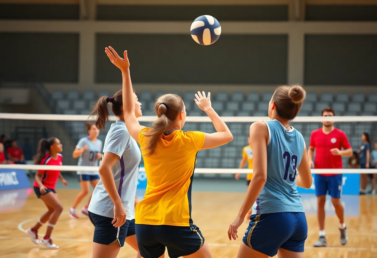 Augusta volleyball players competing in a match.