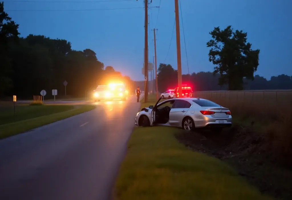 Scene of a car crash on East National Cemetery Road with a utility pole and emergency responders.