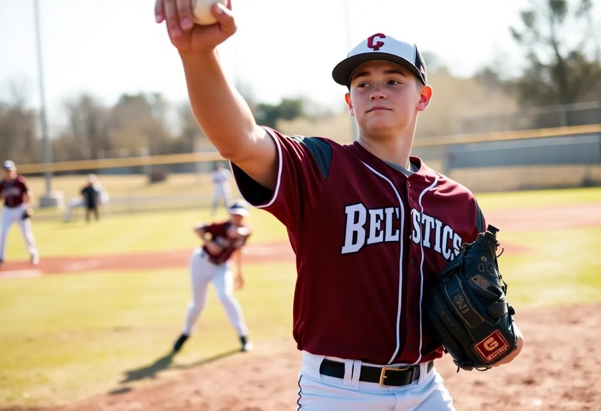 High school baseball player practicing on the field
