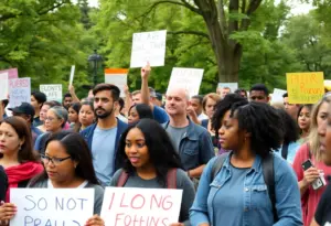 Community gathering with signs expressing various opinions for a Day of Remembrance.