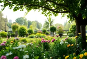Memory garden with flowers and greenery symbolizing community support.