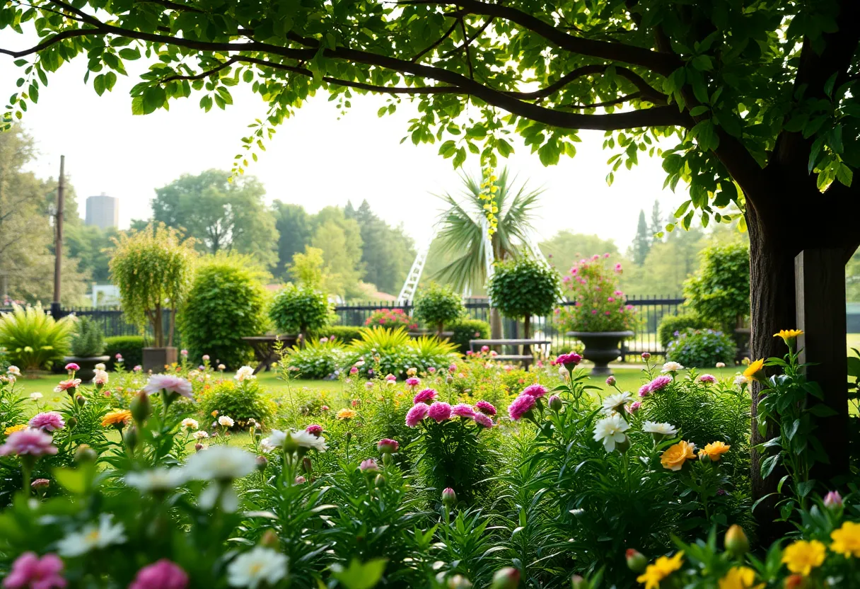 Memory garden with flowers and greenery symbolizing community support.