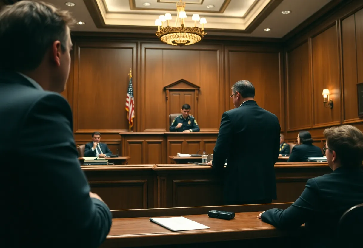 Courtroom with legal professionals discussing child endangerment case