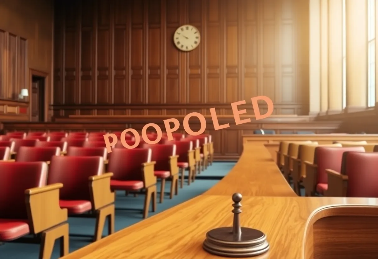 Empty courtroom showing gavel and seats indicating a postponed trial