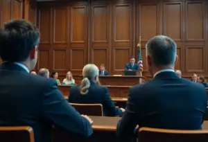 Courtroom during a trial featuring jurors and a judge