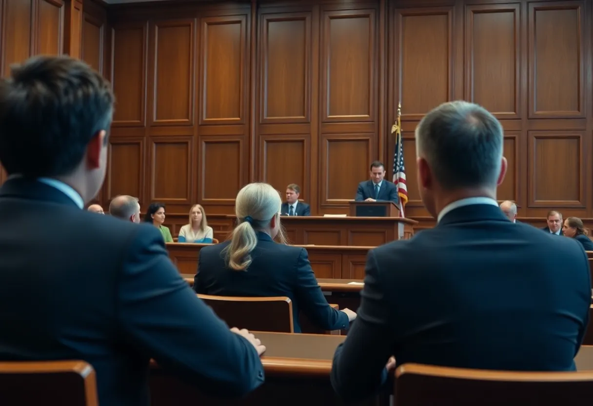 Courtroom during a trial featuring jurors and a judge