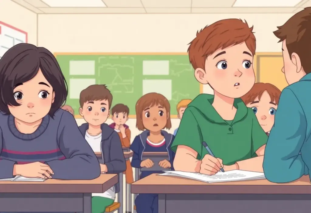 Students in a classroom expressing concern over health issues related to fart spray incident.