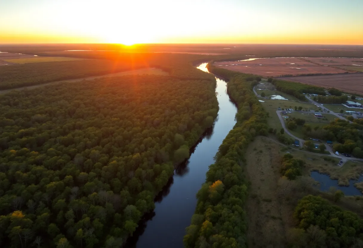 Aerial view of the conservation area in Florence County with diverse habitats along the Great Pee Dee River