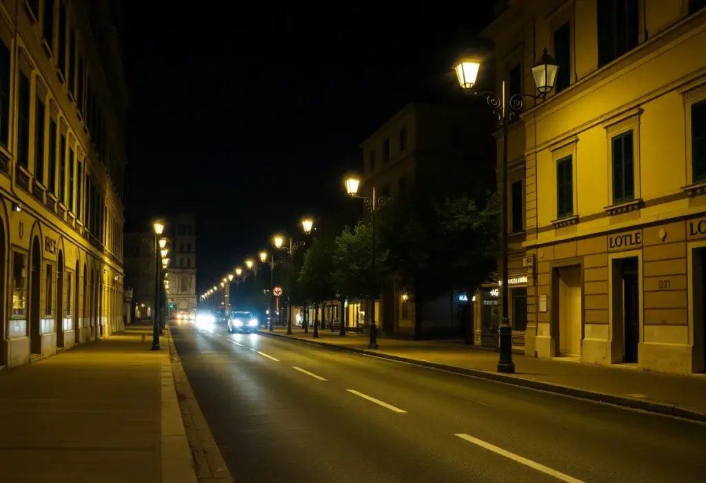 A quiet street in Florence at night with streetlights illuminating the path.