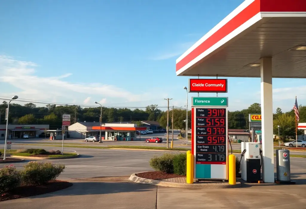 Gas station in Florence, SC showing current gas prices.