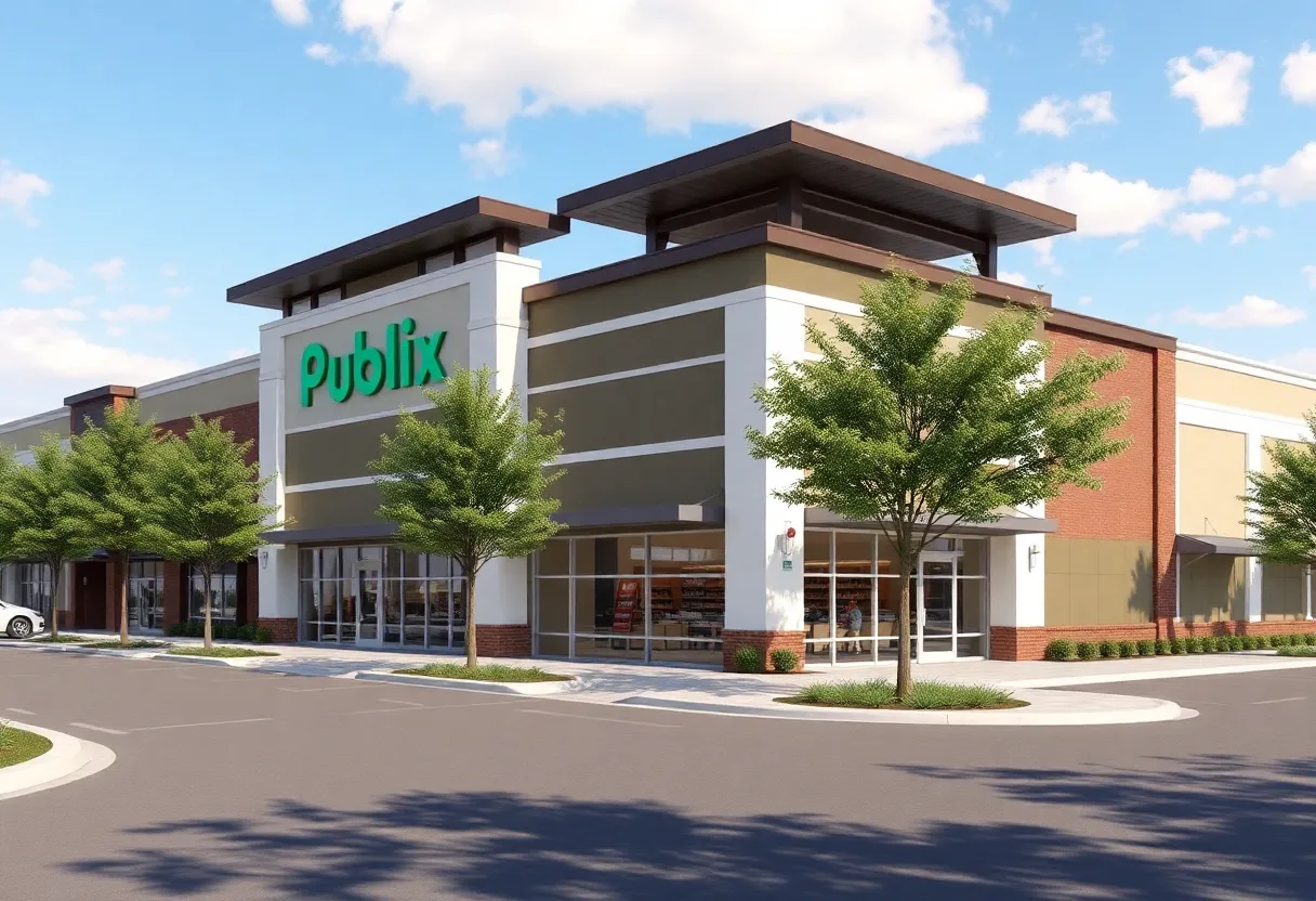 Rendering of a new shopping center in Florence SC with Publix and Parker's Kitchen