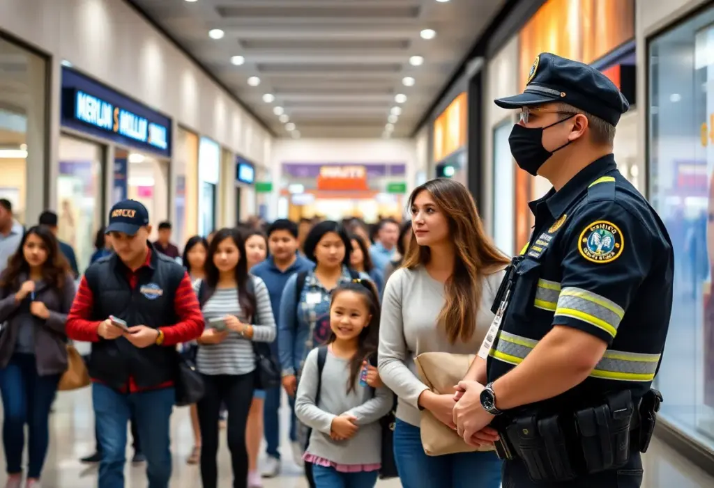 Crowd at a mall with security monitoring for safety