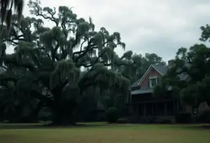 Moss-draped oaks and historic architecture in South Carolina