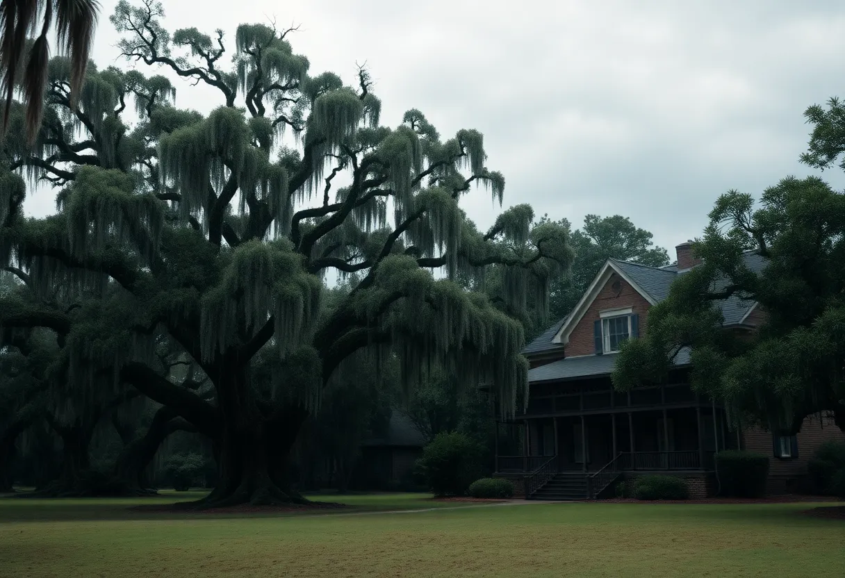 Moss-draped oaks and historic architecture in South Carolina