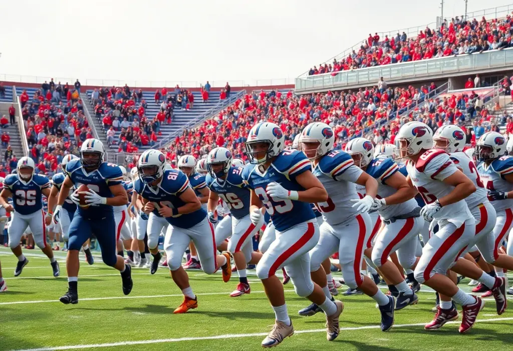 Players from high school football teams in action during a game