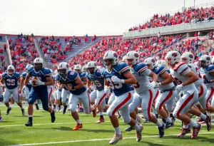 Players from high school football teams in action during a game