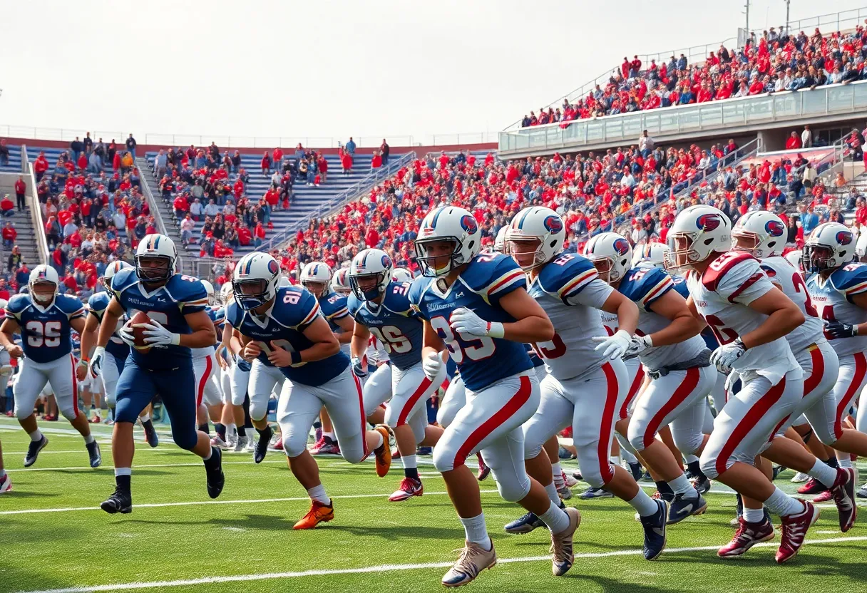 Players from high school football teams in action during a game