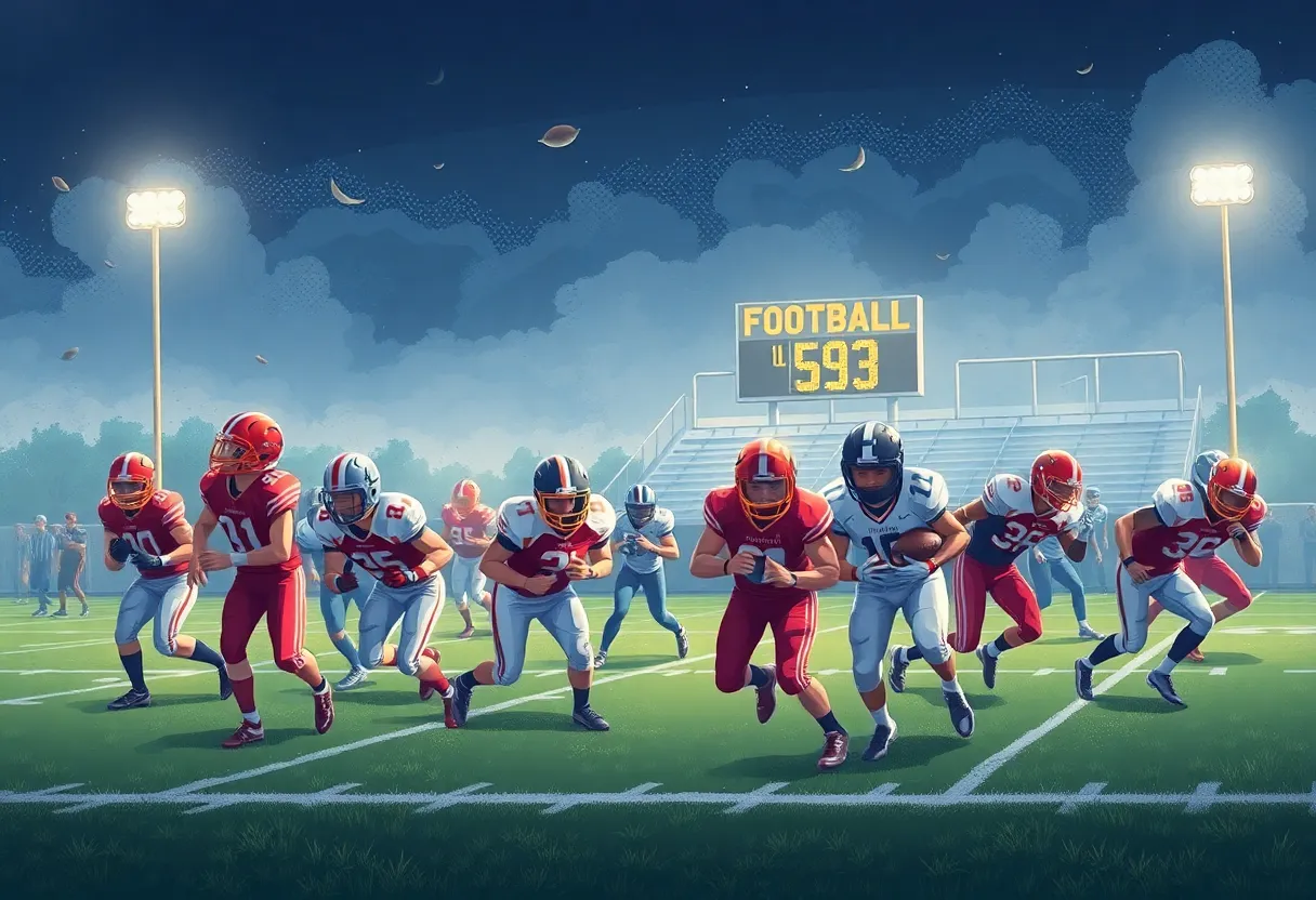 High school football players in action during a game.