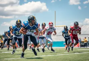 High school football players competing during a game