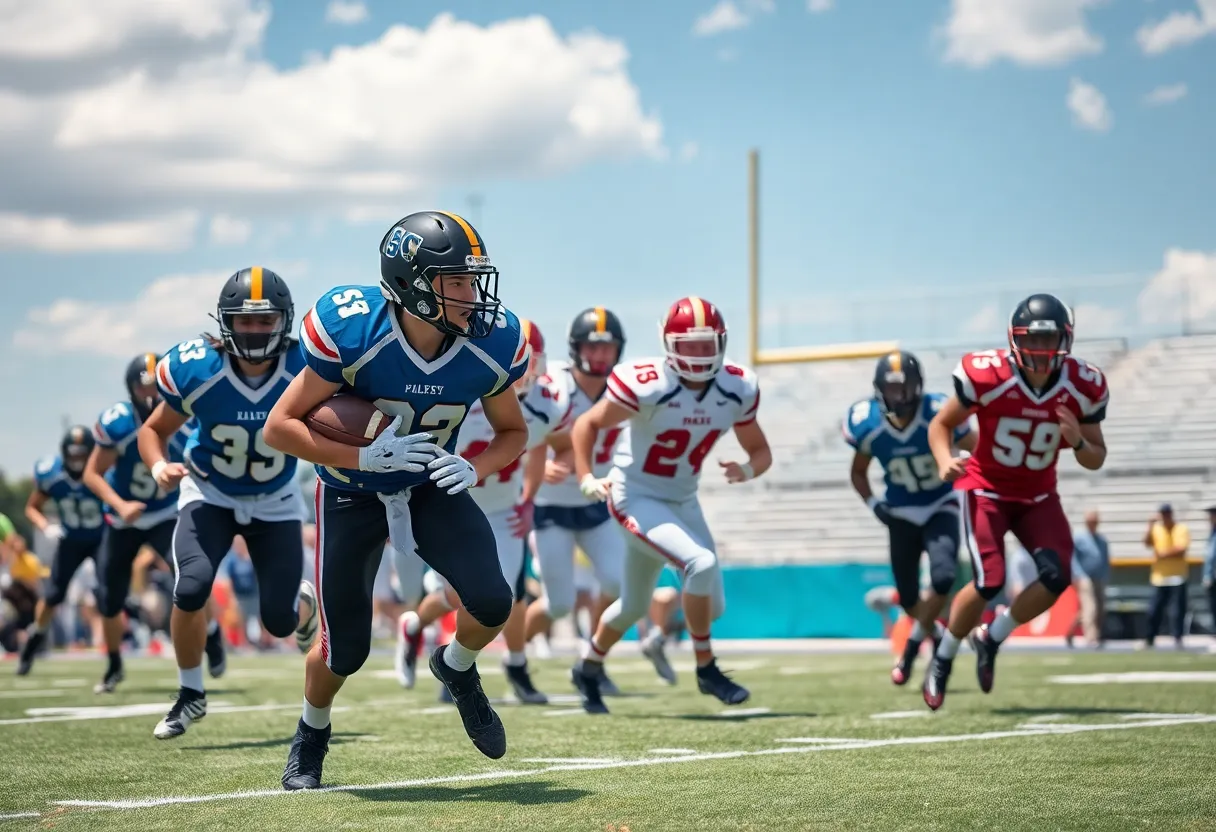 High school football players competing during a game