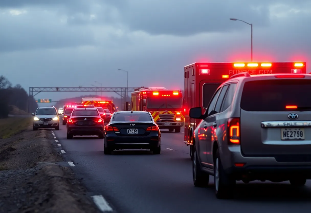Emergency response vehicles at the scene of fatal vehicle accidents on a highway.