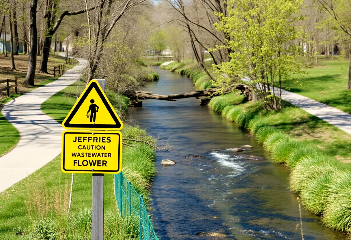 Warning sign at Jeffries Creek due to wastewater overflow
