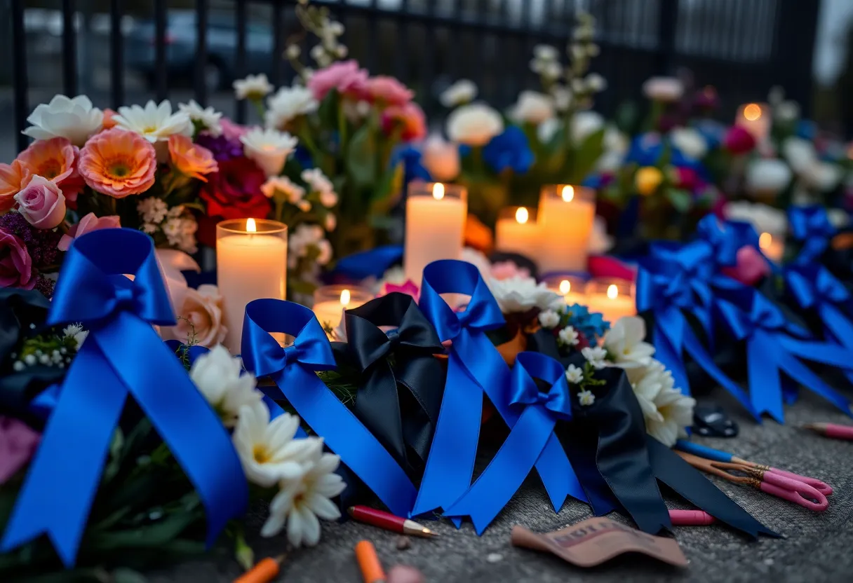 A memorial scene dedicated to a fallen officer with candles and flowers.