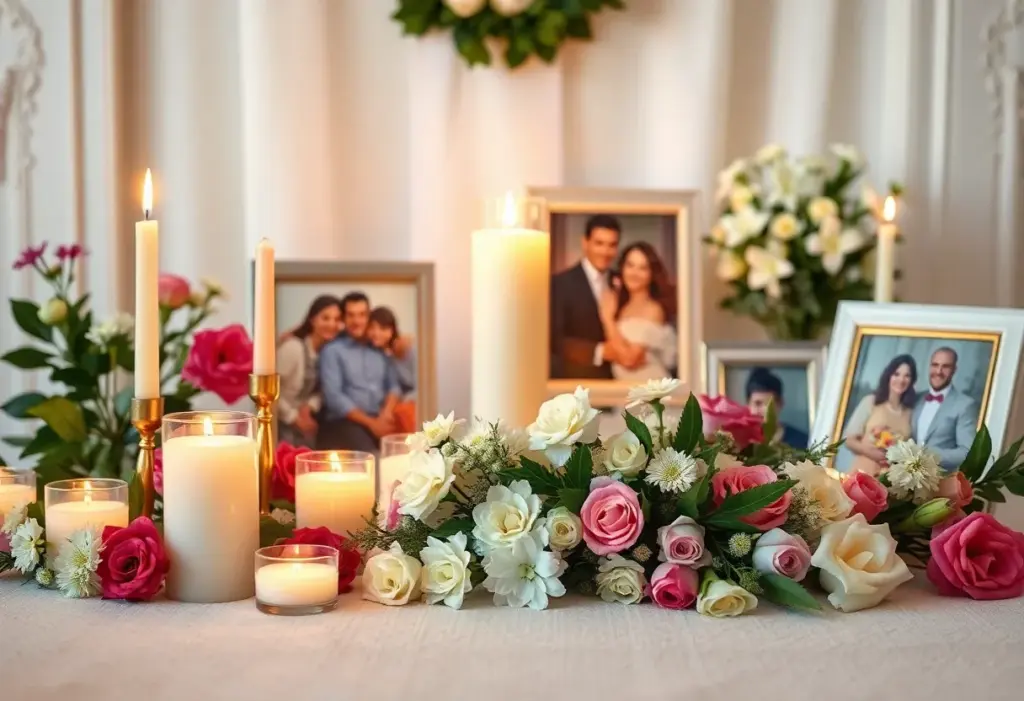 A candlelit memorial setting with flowers and photographs