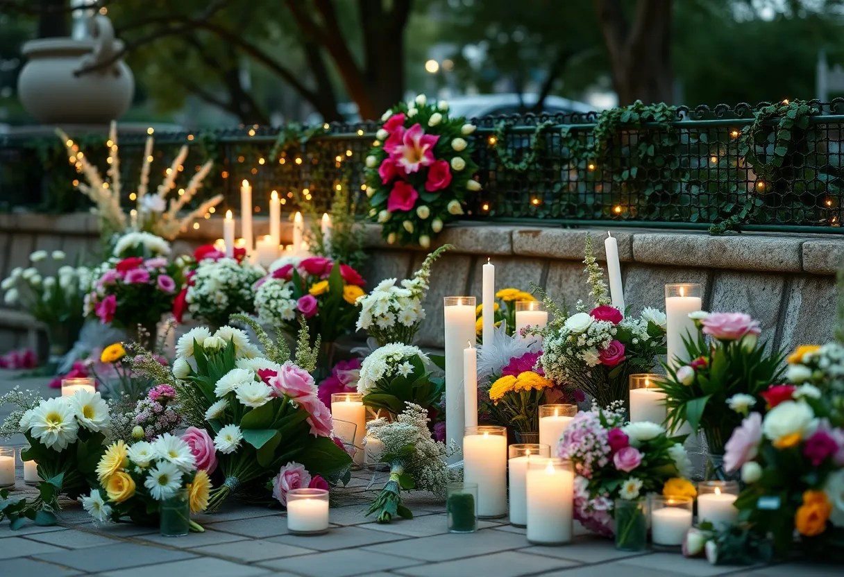 Memorial setting with candles and flowers