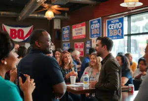 Campaign event at Holt Bros BBQ with attendees discussing political issues.