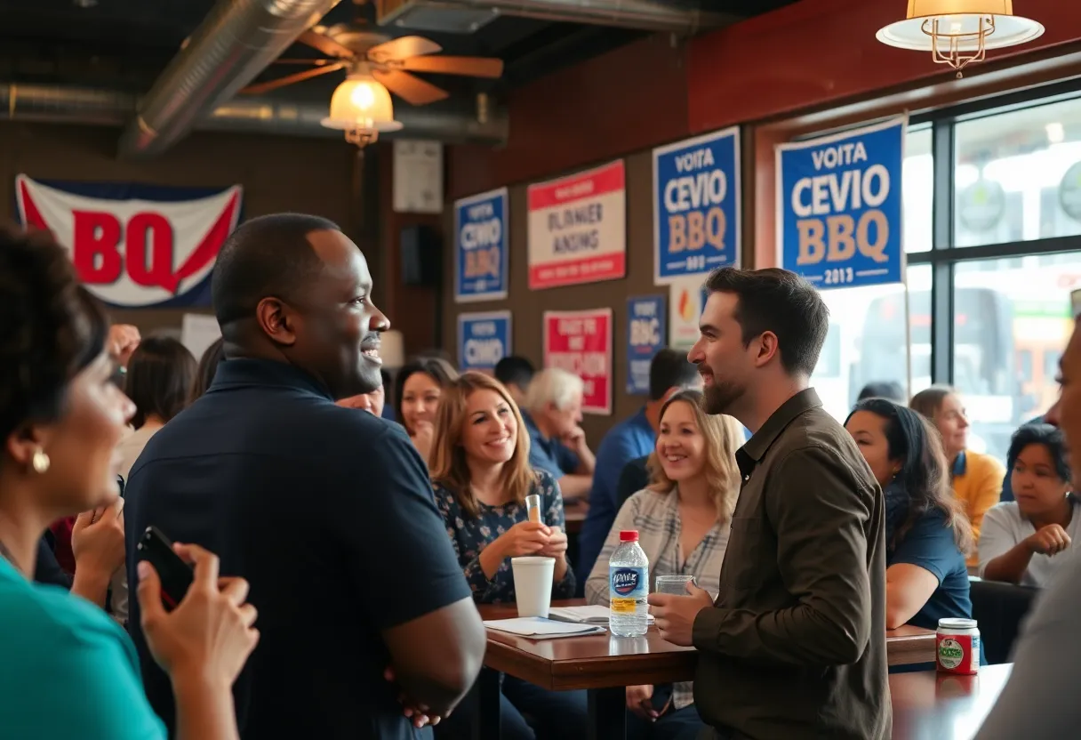 Campaign event at Holt Bros BBQ with attendees discussing political issues.