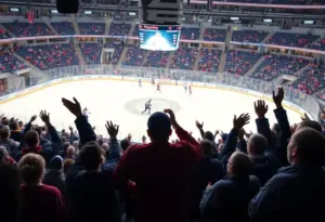 A minor league ice hockey game with fans in attendance