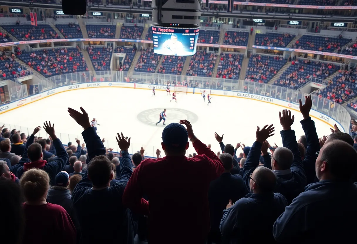A minor league ice hockey game with fans in attendance
