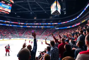 Fans cheering at the Pee Dee IceCats inaugural hockey game