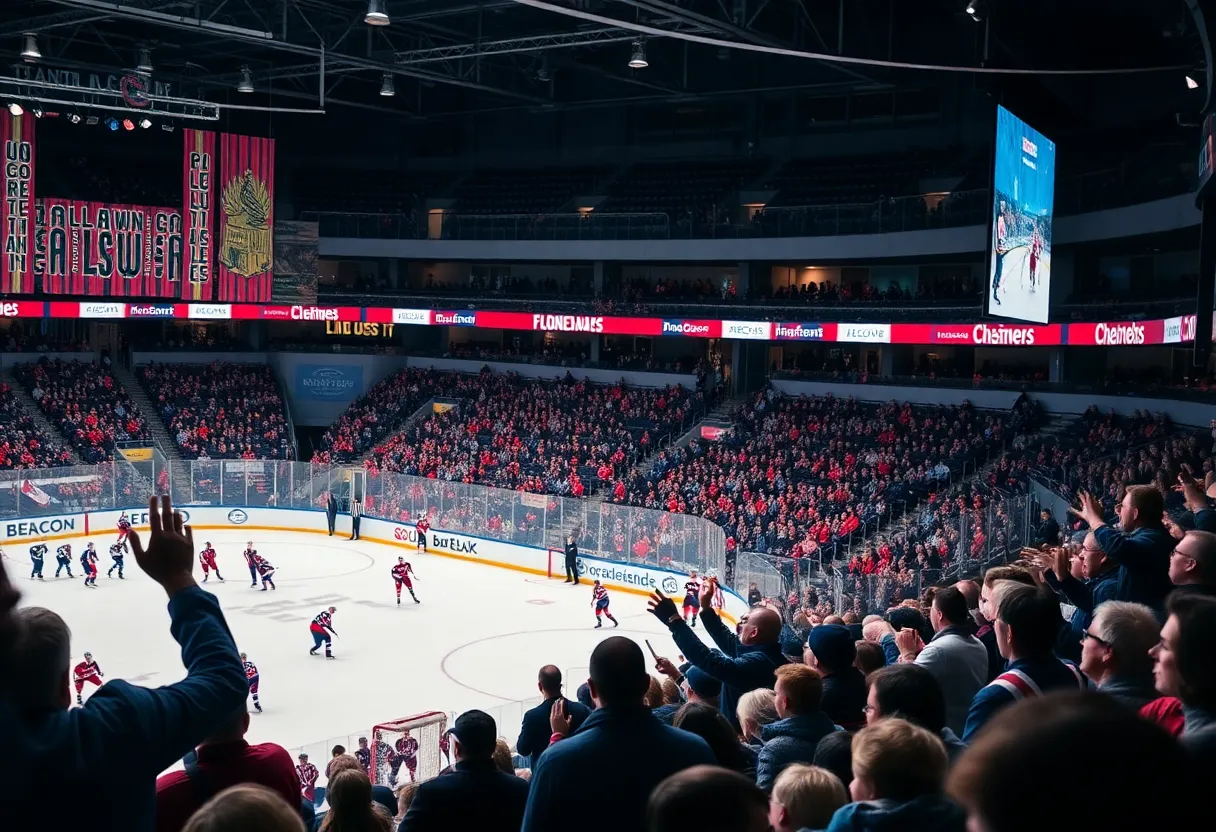 Fans cheering during the Pee Dee IceCats inaugural professional hockey game at Florence Center