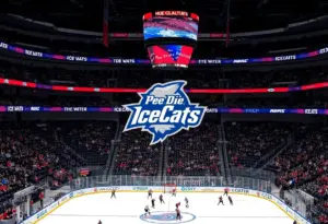 Fans cheering at a Pee Dee IceCats game with players on the ice.