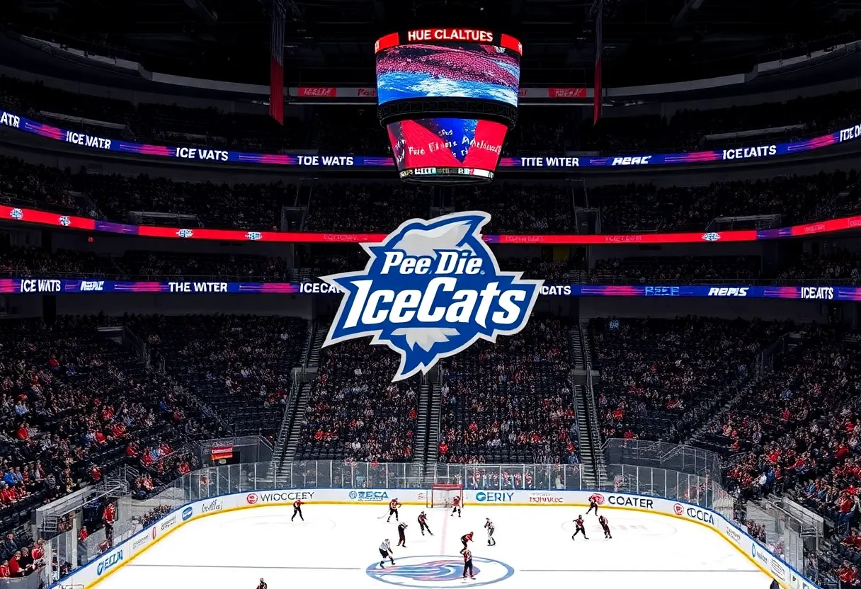 Fans cheering at a Pee Dee IceCats game with players on the ice.