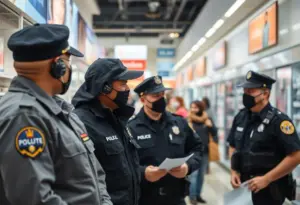 Police officers investigating credit card fraud at a retail store