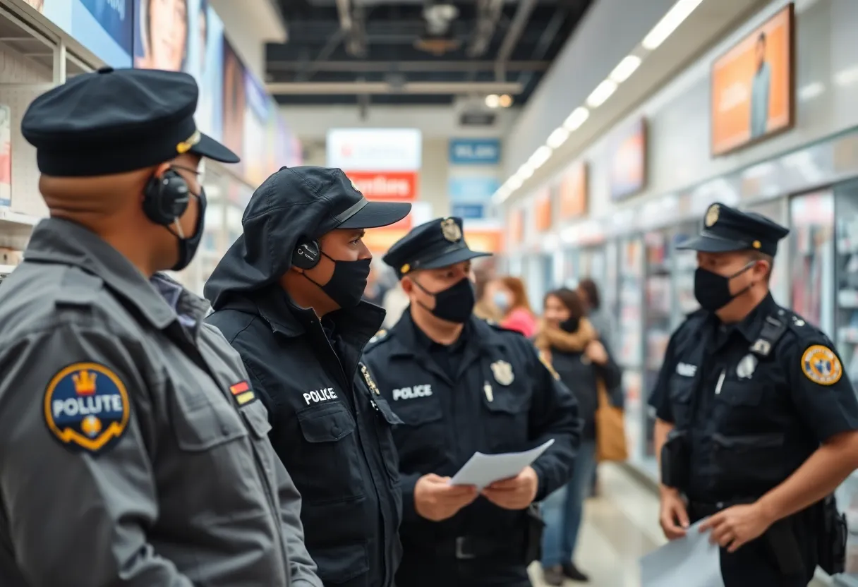 Police officers investigating credit card fraud at a retail store