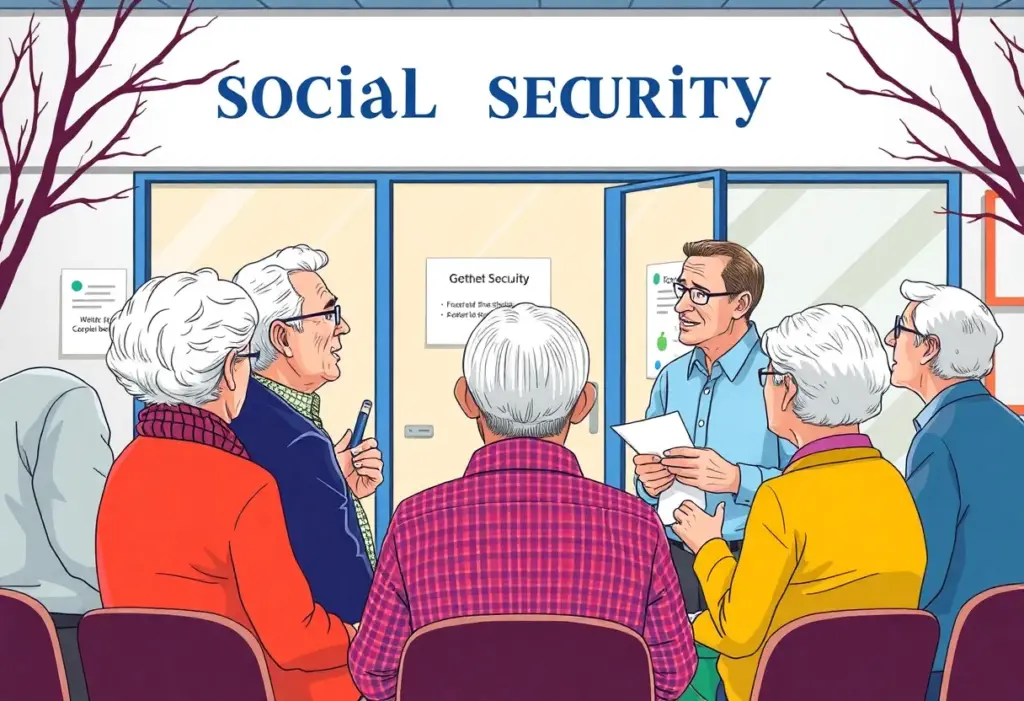 Senior citizens discussing financial issues related to Social Security.