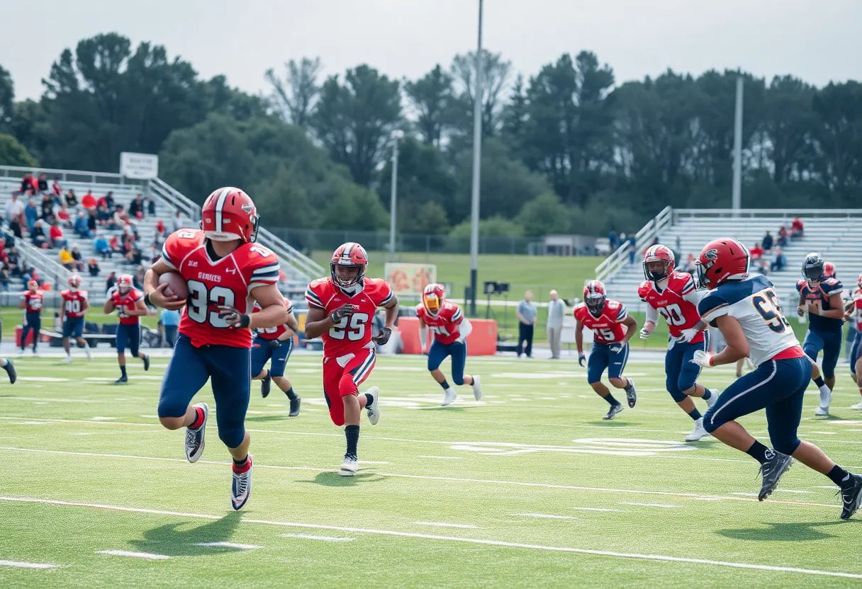High school football players in action during a game in South Carolina.