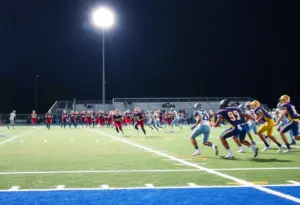 Players engaged in a high school football game in South Carolina