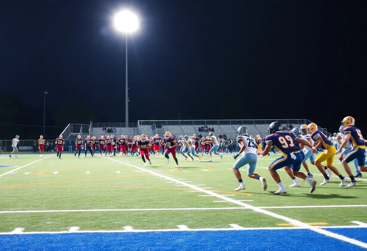 Players engaged in a high school football game in South Carolina