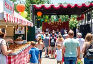 Families enjoying the South Carolina Pecan Festival with food stalls in the background.