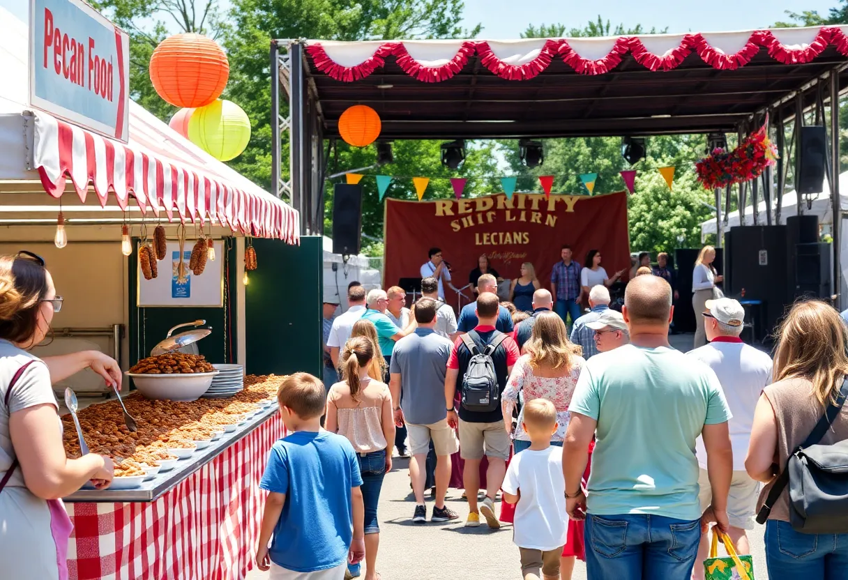 Families enjoying the South Carolina Pecan Festival with food stalls in the background.