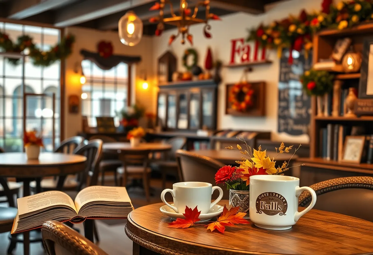 A cozy cafe atmosphere with books and coffee cups