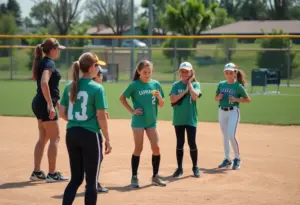 Young female athletes participating in a softball training clinic