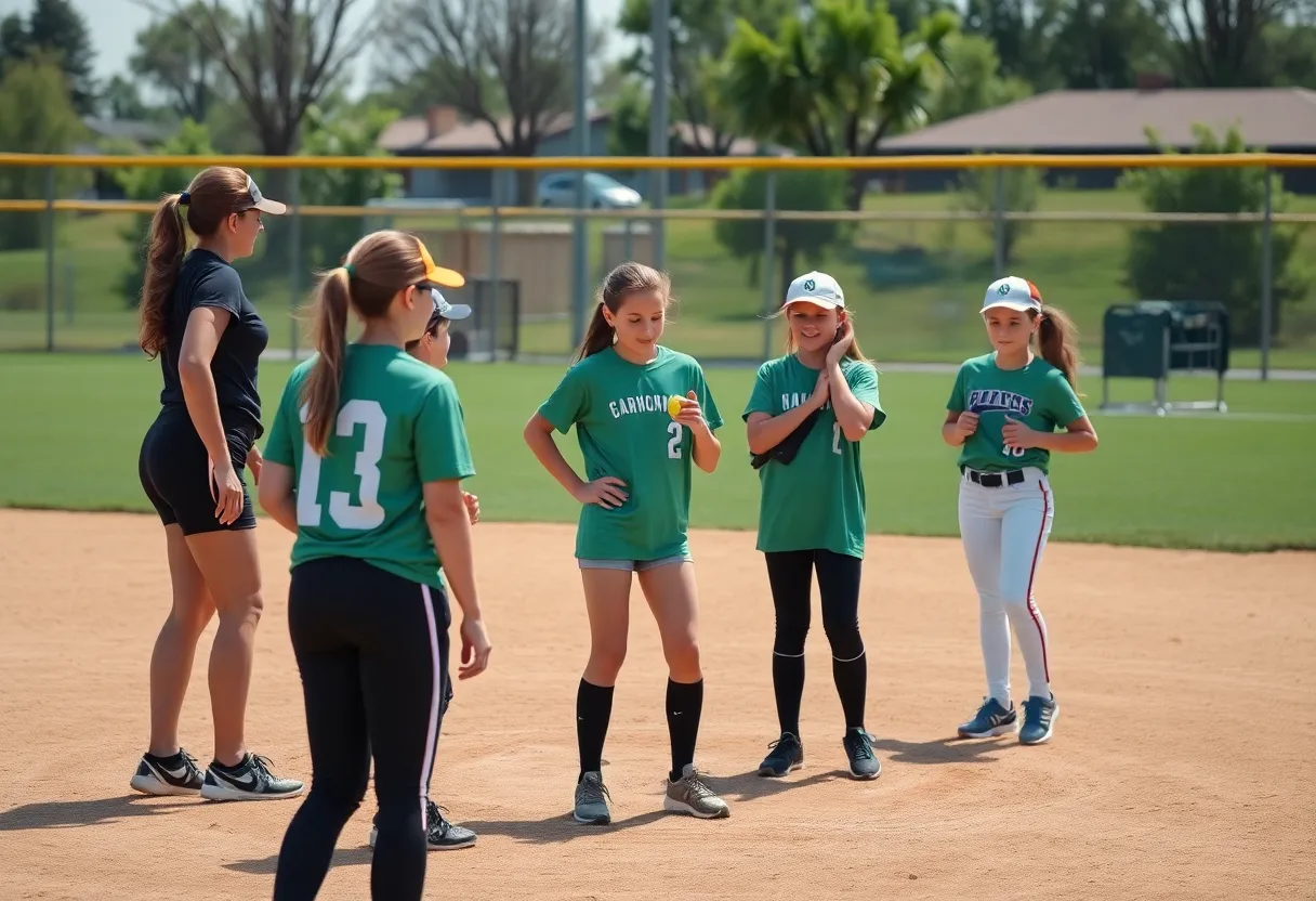 Young female athletes participating in a softball training clinic