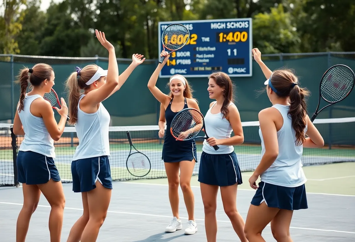 West Florence Girls Tennis team celebrating victory on senior day.